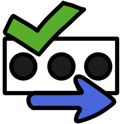 a white horitzonal rectangle with three dark dots in it, indicating an entered password. at the top left is a green checkmark, and at the bottom is a blue arrow pointing right.